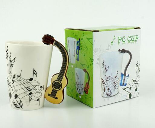 A ceramic mug designed with a musical instrument handle like a guitar or violin.